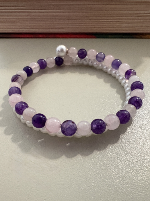 Brățară dubla cerc cuarț roz ametist perle [2]