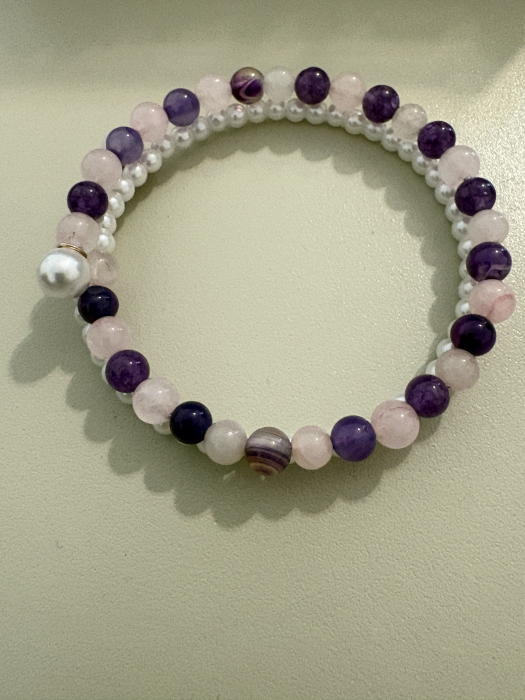 Brățară dubla cerc cuarț roz ametist perle [4]