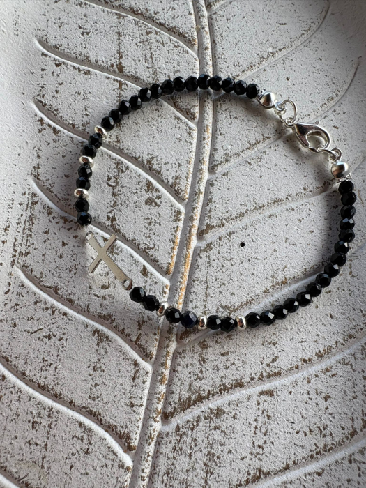 Brățară Onix Lucios 4mm cu Bile de Argint și Cruciuliță din Oțel – Protecție, Eleganță & Echilibru [1]