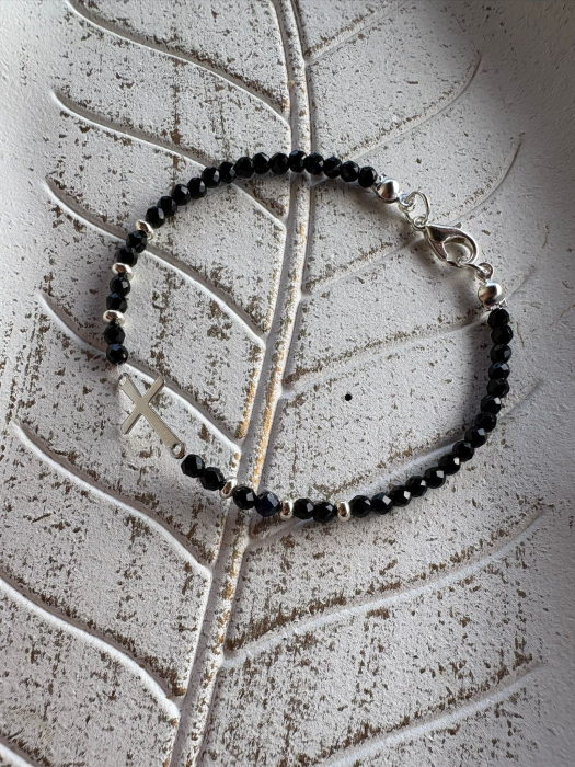 Brățară Onix Lucios 4mm cu Bile de Argint și Cruciuliță din Oțel – Protecție, Eleganță & Echilibru [2]