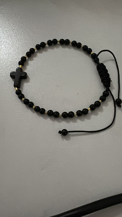 Brățară Onix Lucios 4mm cu Tuburi Argint 925 Placate cu Aur si cruciulita [2]