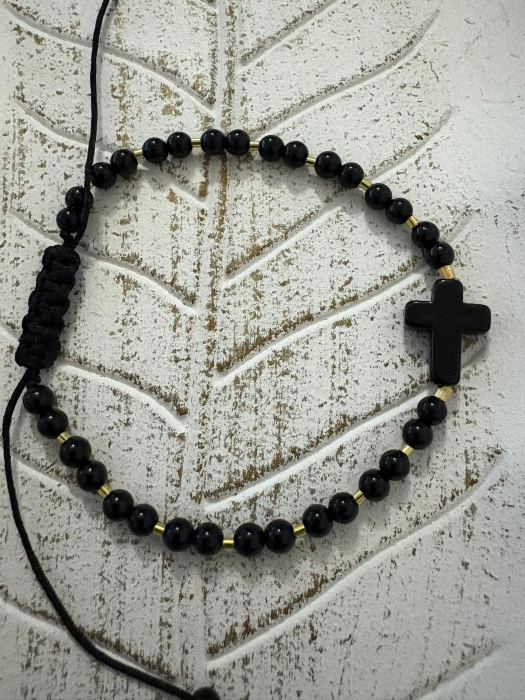 Brățară Onix Lucios 4mm cu Tuburi Argint 925 Placate cu Aur si cruciulita [3]