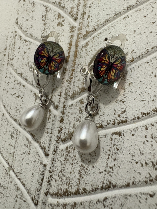 Cercei perle fluturi clips handmade [4]