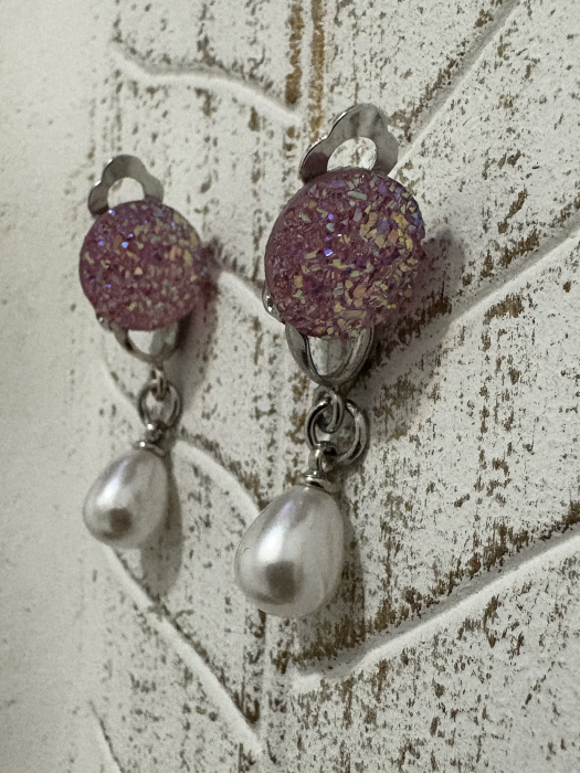 Cercei perle cabochon roz clips handmade [2]