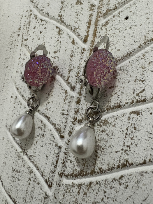 Cercei perle cabochon roz clips handmade [4]
