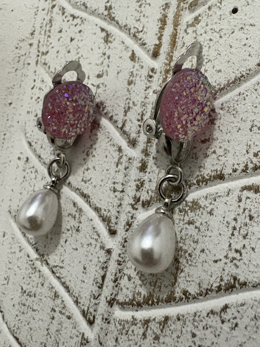 Cercei perle cabochon roz clips handmade [3]