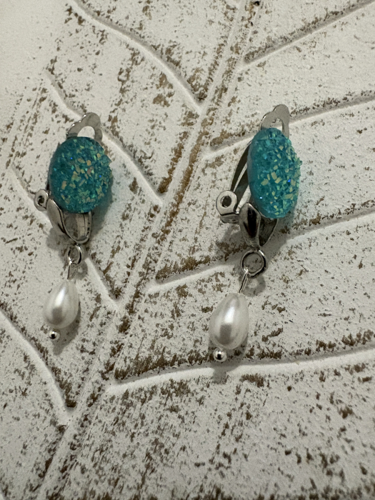 Cercei perle cabochon turcoaz clips handmade [4]