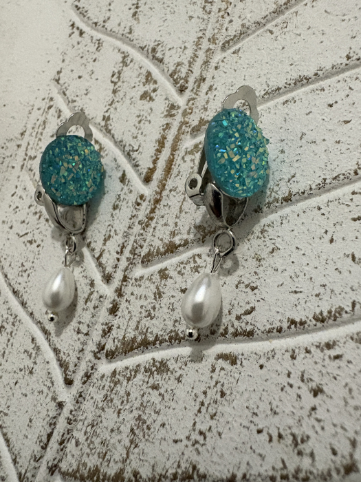 Cercei perle cabochon turcoaz clips handmade [2]