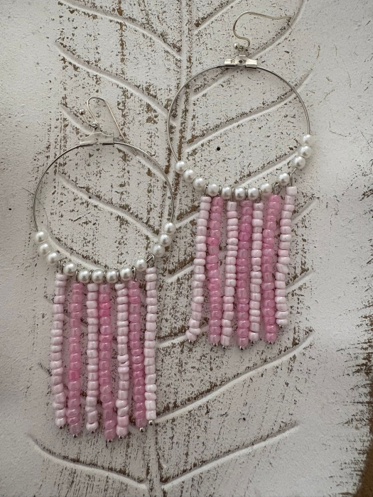 Cercei rotunzi cu mărgele  roz stil boho chic [1]