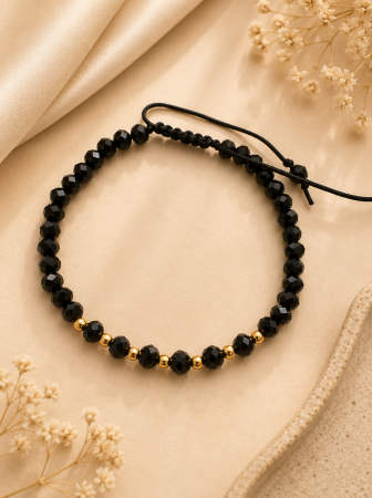 Bratari barbati (pentru el) - Brățară cristale negre cu argint placat cu aur – bijuterie handmade