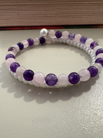 Brățară dublă - Brățară dubla cerc cuarț roz ametist perle