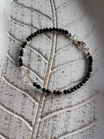 Brățară Onix Lucios 4mm cu Bile de Argint și Cruciuliță din Oțel – Protecție, Eleganță & Echilibru [1]