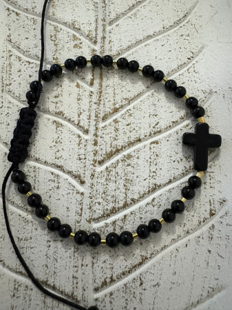 Negru - Brățară Onix Lucios 4mm cu Tuburi Argint 925 Placate cu Aur si cruciulita