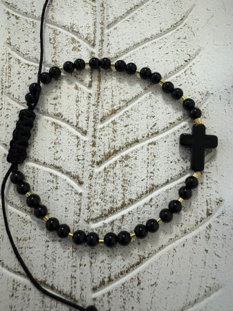 Brățară Onix Lucios 4mm cu Tuburi Argint 925 Placate cu Aur si cruciulita [2]