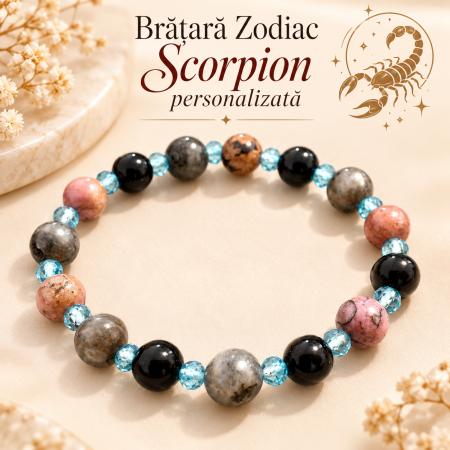 Topaz - Brățară Zodiac Scorpion cu Rodonit, Topaz, Labradorit și Obsidian