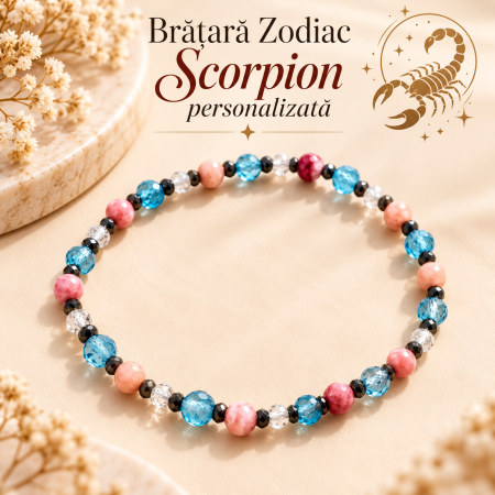 Topaz - brățară Scorpion; brățară zodia Scorpion; brățară zodiac Scorpion; brățară Rodonit; brățară Topaz; brățară Labradorit; brățară Obsidian; pietre pentru Scorpion; brățară cu pietre; cadou Scorpion; bijuterii zodiac; brățară protecție Scorpion