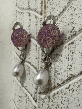 Cercei perle cabochon roz clips handmade [1]