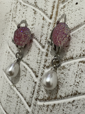 Cercei perle cabochon roz clips handmade [2]