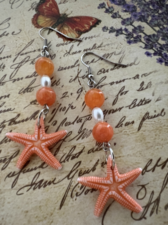 Produse - Cercei Portocalii Stea de Mare, Aventurin Portocaliu și Perle din Sticlă - Cercei Magici