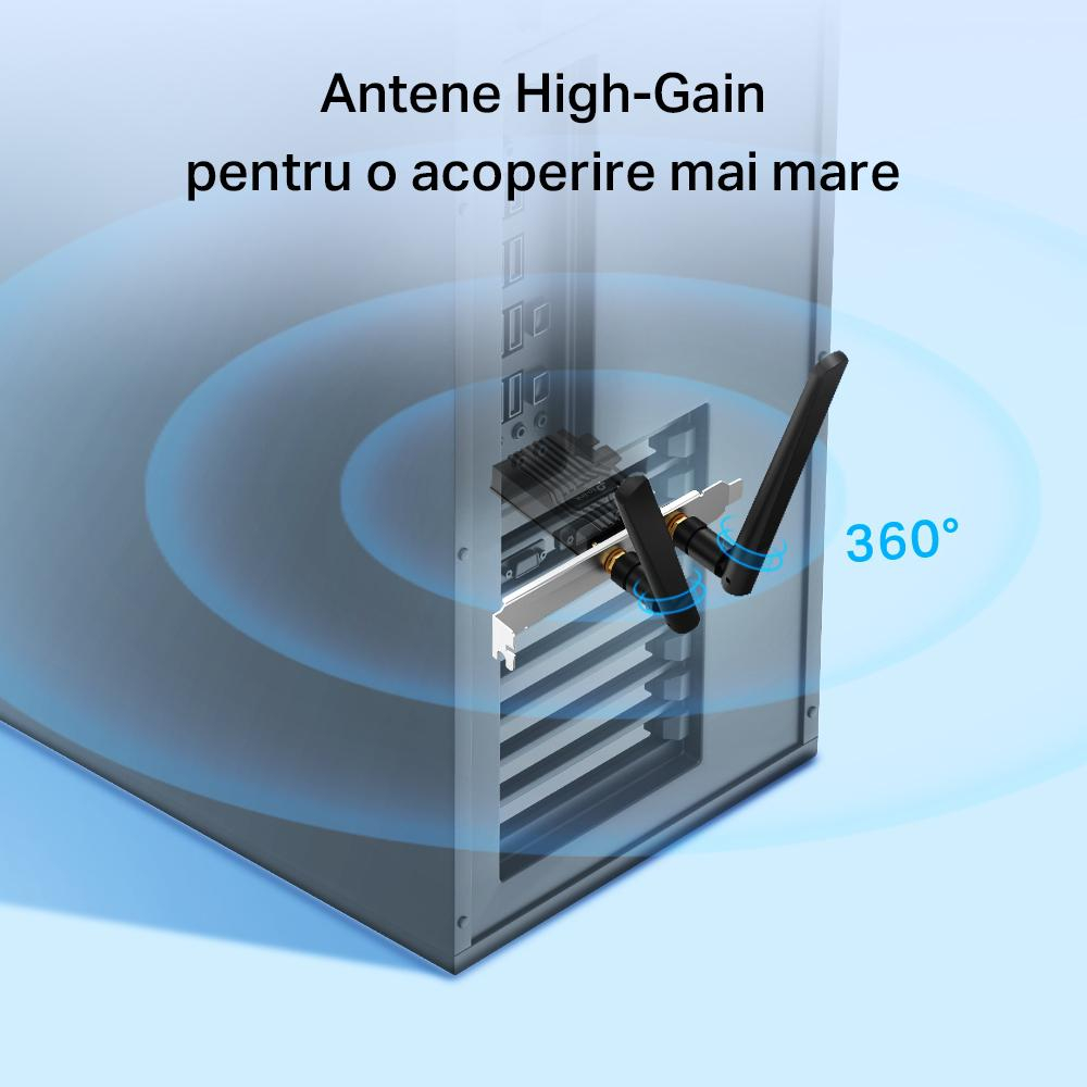 TP-Link Adaptor PCle Wi-Fi 6 AX3000 WI-FI 6 cu Bluetooth 5.2 ARCHER TX55E, 2&times; Antene Dual-Band High-Gain, Standarde wireless: IEEE 802.11ax/ac/n/a 5 GHz IEEE 802.11ax/n/g/b 2.4 GHz, Bluetooth 5. [3]