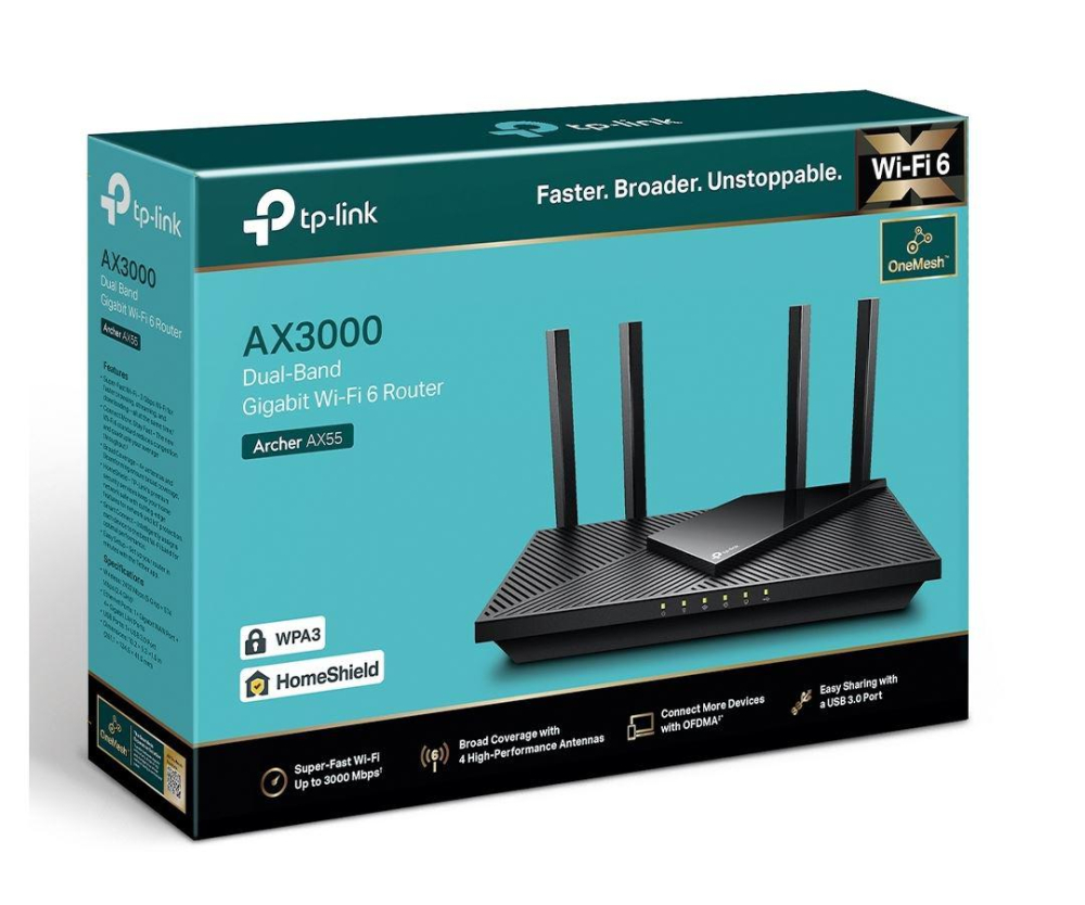 TP-Link Wireless Router, ARCHER AX55 ;WI-FI 6 ,dual band AX3000 5 GHz: 2402 Mbps (802.11ax), 2.4 GHz: 574 Mbps(802.11ax), Standard and Protocol: IEEE 802.11ax/ac/n/a 5 GHz, IEEE 802.11ax/n/b/g 2.4 GHz [4]