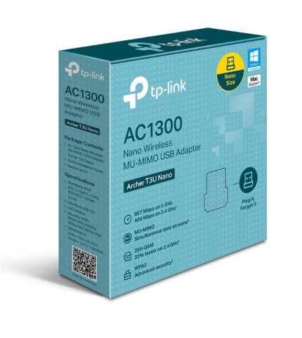 TP-link AC1300 Mini Adaptor USB Wireless MU-MIMO, ARCHER T3U Nano; USB 2.0;dimensiuni: 19.85 &times; 15.7 &times; 7.39 mm, Standarde wireless: IEEE 802.11b/g/n 2.4 GHz, IEEE 802.11a/n/ac 5 GHz, Dual-B [3]