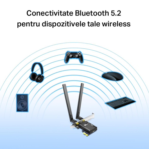 TP-Link Adaptor PCle Wi-Fi 6 AX3000 WI-FI 6 cu Bluetooth 5.2 ARCHER TX55E, 2&times; Antene Dual-Band High-Gain, Standarde wireless: IEEE 802.11ax/ac/n/a 5 GHz IEEE 802.11ax/n/g/b 2.4 GHz, Bluetooth 5. [1]