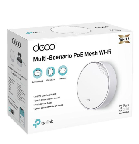 TP-Link AX3000 whole home mesh Wi-Fi 6 System, Deco X50-POE(3-pack); Dual- Band, Standarde Wireless: IEEE 802.11ax/ac/n/a 5 GHz, IEEE 802.11ax/n/b/g 2.4 GHz ,viteza wireless: 5 GHz: 2402 Mbps, 2.4 GHz [4]