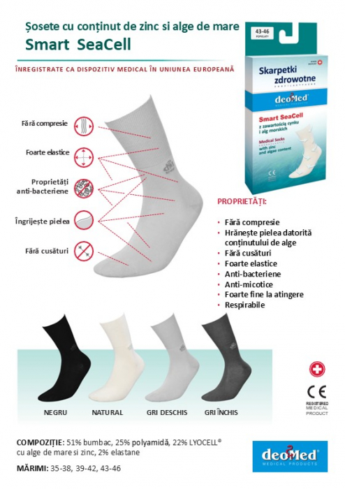 Sosete certificate medical Deomed cu continut de alge si oxid de zinc negre, 35-38 [3]