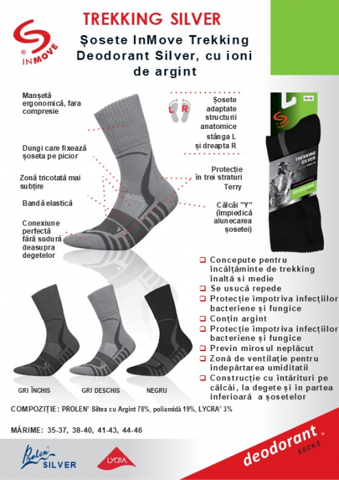 Sosete InMove Trekking Deodorant Silver, cu ioni de argint, gri deschis, 41-43 [3]