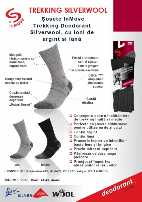 Sosete InMove Trekking Deodorant Silverwool, cu ioni de argint si lana, negre, 38-40 [4]