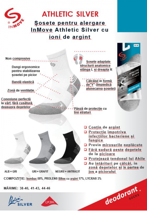 Sosete pentru alergare InMove Athletic Silver cu ioni de argint, alb-gri, 44-46 [4]