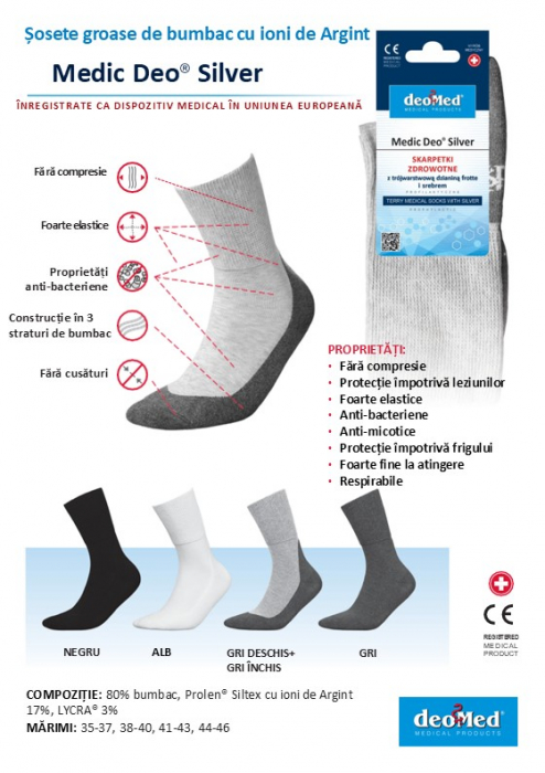 Sosete pentru diabetici, certificate ca dispozitiv medical, Deomed Medic Deo Silver cu ioni de argint, gri deschis - gri, 35-37 [3]