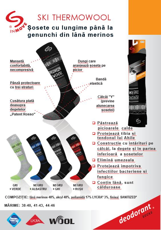 Sosete termice din lana, InMove Ski Deodorat Thermowool, negri-rosi, 41-43 [2]