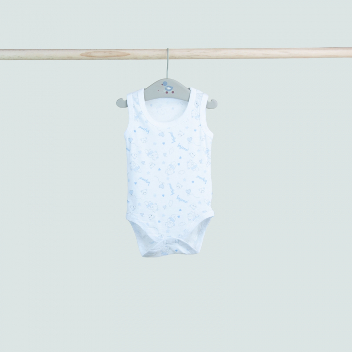 Body bebeluș fără mâneci – alb cu imprimeu bleu „monkey & friends” [1]