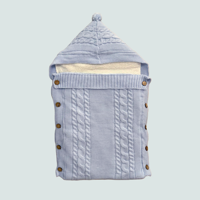 Sac tricotat pentru bebeluși cu glugă și interior pufos – bej, roz, bleu, alb [6]