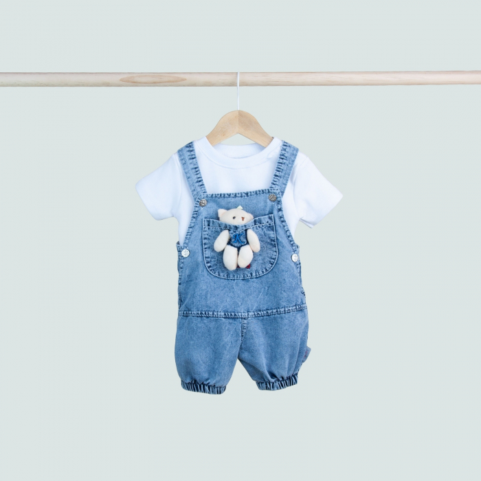 Set băiețel 2 piese – salopetă denim cu ursuleț de pluș și tricou marinăresc [3]