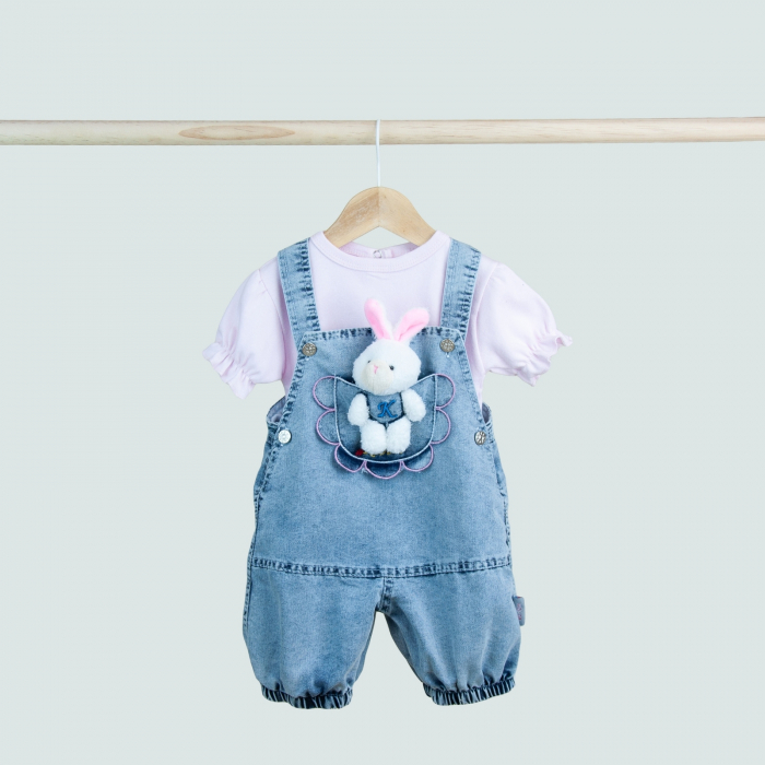Set fetiță 2 piese – salopetă denim cu iepuraș de pluș și tricou roz pastel [1]