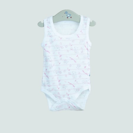 Body - Body bebeluș fără mâneci – alb cu dungi discrete și imprimeu ursuleți