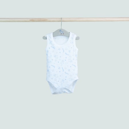 Body - Body bebeluș fără mâneci – alb cu imprimeu bleu „monkey & friends”