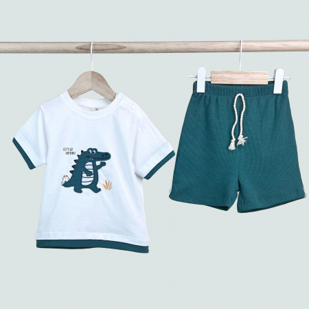 Baietei 0-2 ani - Compleu Băiețel 2 Piese – Tricou cu Crocodil și Pantaloni Scurți Verde Închis