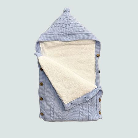 Sac tricotat pentru bebeluși cu glugă și interior pufos – bej, roz, bleu, alb [6]