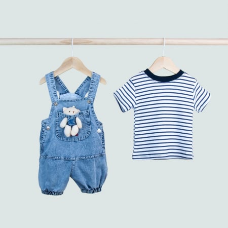 Salopete - Set băiețel 2 piese – salopetă denim cu ursuleț de pluș și tricou marinăresc