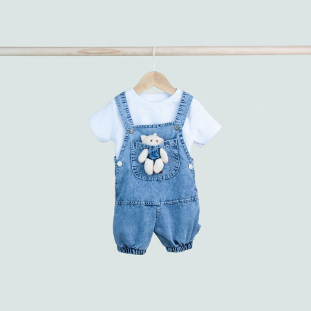 Set băiețel 2 piese – salopetă denim cu ursuleț de pluș și tricou marinăresc [2]