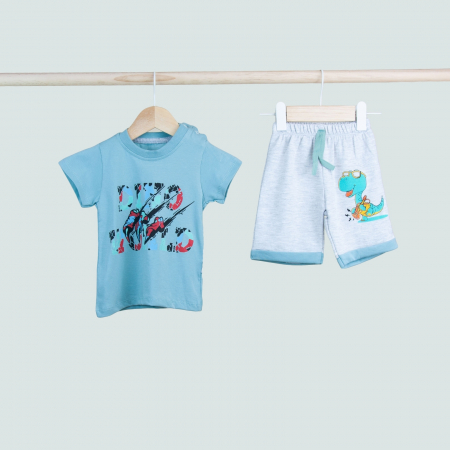 Baietei 0-2 ani - Set băiețel 2 piese – tricou „ROAR” cu gheare și pantaloni scurți cu dinozaur