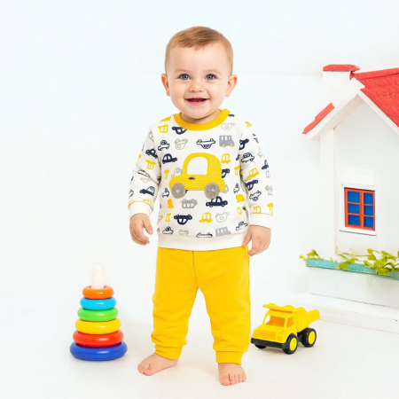 Compleuri - Set bluzita cu masinuta si pantalon galben