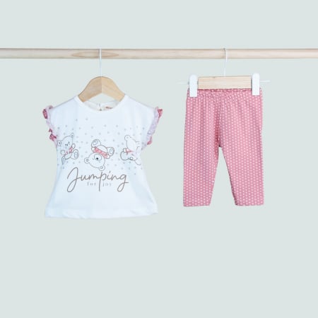 Seturi fetite 0-2 ani - Set fetiță 2 piese – bluză „Jumping for Joy” și colanți roz cu buline