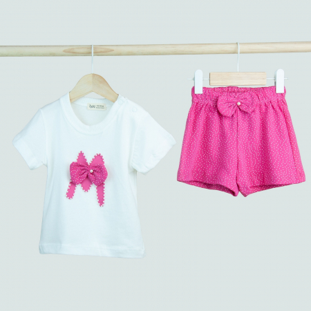 Seturi fetite 0-2 ani - Set fetiță 2 piese – Tricou alb cu fundiță și pantaloni scurți roz cu buline