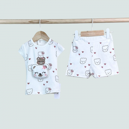 Seturi fetite 0-2 ani - Set Fetiță 2 Piese – Tricou și Pantaloni cu Ursuleți și Inimioare