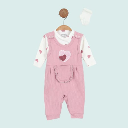 Seturi fetite 0-2 ani - Set salopeta roz si body cu inimioare